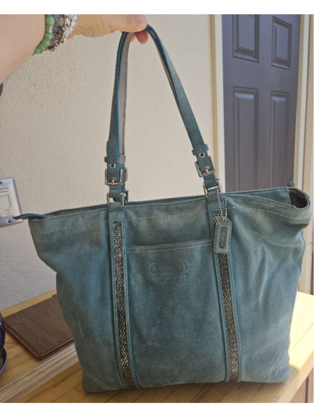 Vintage Coach Loden Suede Beaded Stripe Tote Bag Aqua G05J-8B32